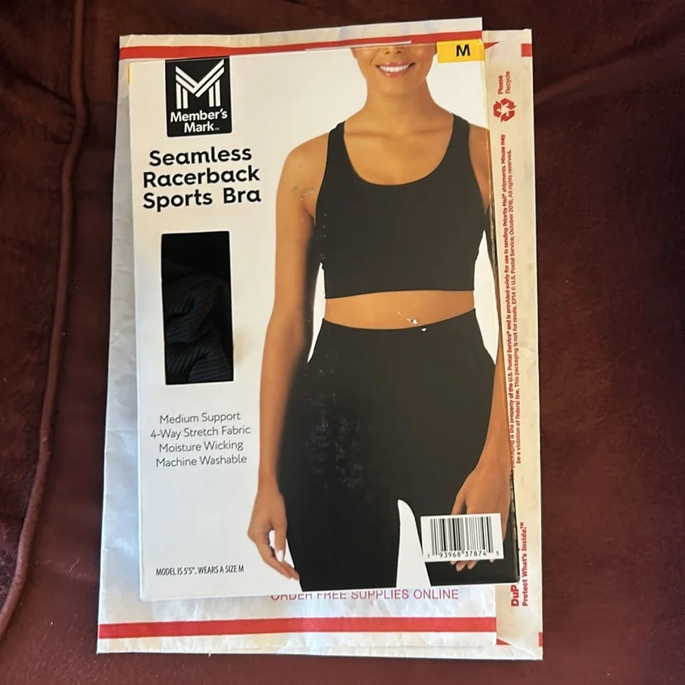 Members Mark Seamless Racerback Sports Bra Size Medium Black Activewear